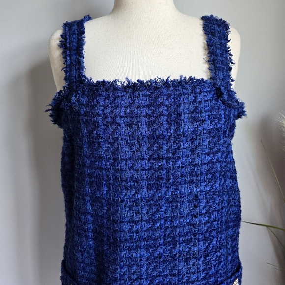 ZARA, New Blue Tweed Pinafore Preppy Jeweled Pocket Mini Dress Womens Size XL - Picture 5 of 13